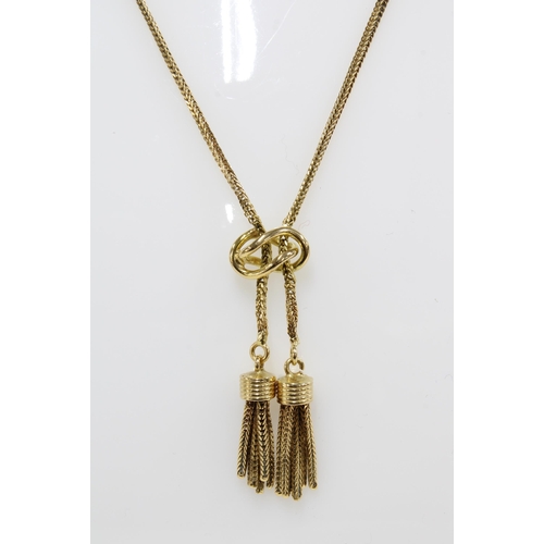 16 - 18ct gold chain necklace with two tassels, stamped 750