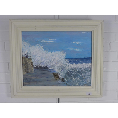 162 - ANNE E. DUNLOP, STORMY SEAS, oil on board, framed and labelled verso, 48 x 38cm