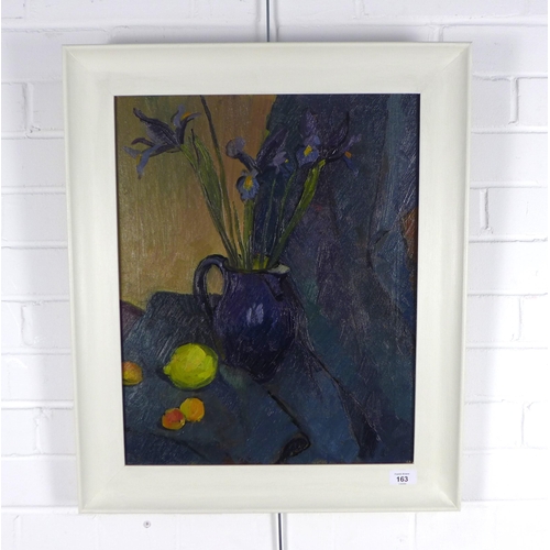 163 - SCOTTISH SCHOOL, Still life jug of irises, oil on canvas, unsigned, framed, 40 x 50cm