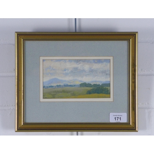 171 - CHARLES SIMPSON, SUN ON THE PENTLANDS, signed gouache, framed under glass, 15 x 9cm