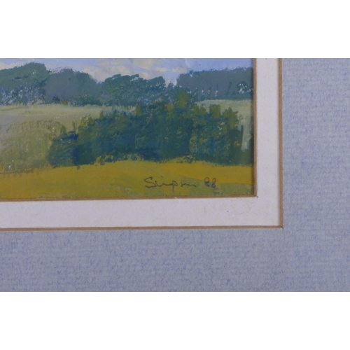 171 - CHARLES SIMPSON, SUN ON THE PENTLANDS, signed gouache, framed under glass, 15 x 9cm