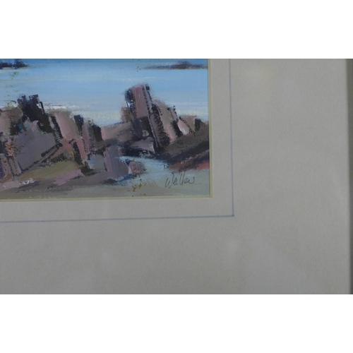 172 - ETHEL WALKER (SCOTTISH b 1941) untitled shore scene, signed  gouache, framed under glass, 9 x 8cm