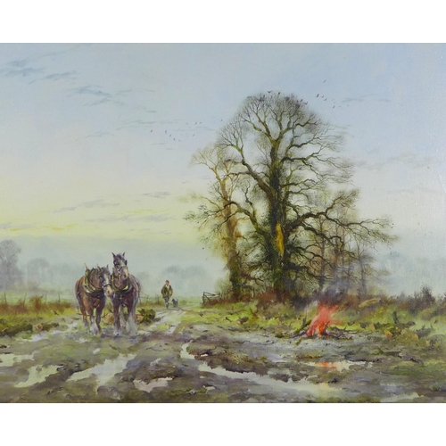 186 - ALWYN CRAWSHAW (British, b. 1934) Landscape with working horses, signed oil on canvas, framed, 75 x ... 