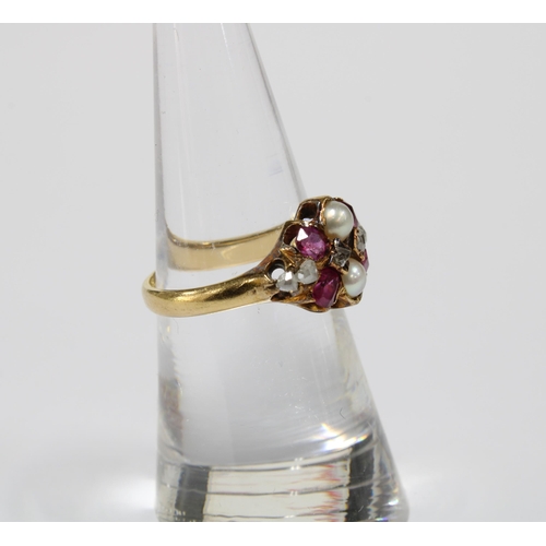 19 - 18ct gold cluster ring set with six old cut diamonds, two pearls and four rubies, stamped 18ct, size... 