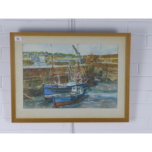 197 - North Berwick harbour scene, watercolour and crayon, signed indistinctly and framed under glass, 50 ... 