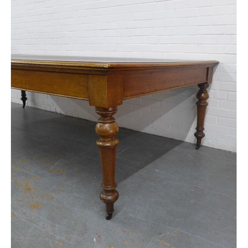 204 - Early 20th century large oak library or boardroom table, rectangular top with inset skiver and mould... 