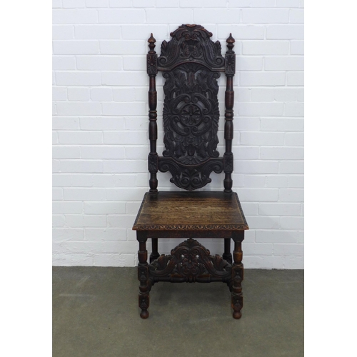 208 - Jacobean style carved oak high back chair, 51 x 129 x 45cm.