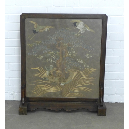 210 - Meiji silk needlework panel depicting an turtle, cranes and clouds, under glass within a chinoiserie... 