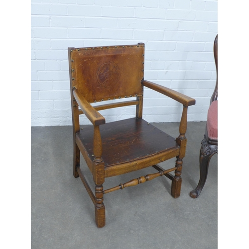 225 - Mahogany side chair together with an oak and leather open armchair, 52 x 84 x 44cm. (2)