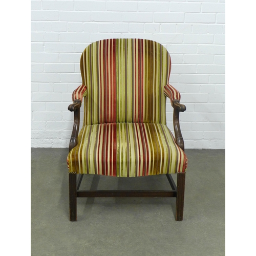 227 - Mahogany framed open armchair with striped upholstery, 66 x 92 x 59cm.