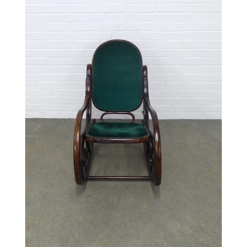 254 - Thonet style rocking chair with green upholstered seat and back, 51 x 84 x 87cm.