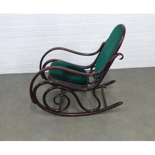 254 - Thonet style rocking chair with green upholstered seat and back, 51 x 84 x 87cm.