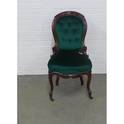 255 - Mahogany chair with green buttonback upholstery, 51 x 99 x 46cm.