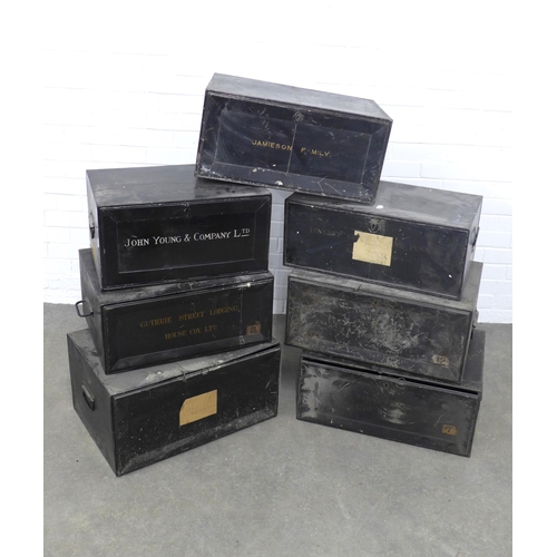 274 - Seven late 19th and early 20th century black deed boxes, some with sign writing (7)