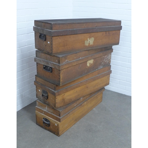 275 - Set of four late 19th / early 20th century pine storage crates, with iron handles,  98 x 29 x 28cm. ... 