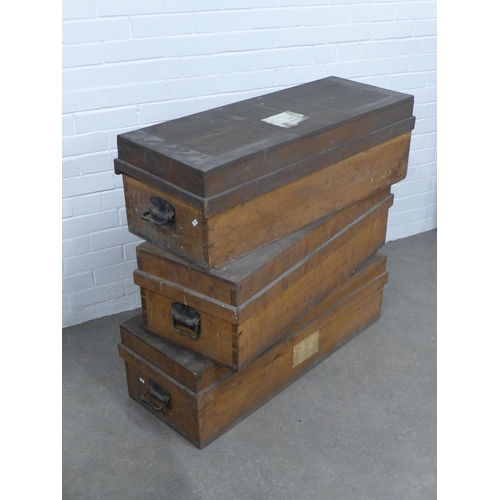 276 - Set of three late 19th / early 20th century pine storage crates, with iron handles,  98 x 29 x 28cm.... 