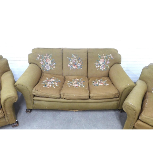 280 - Early 20th century Country House lounge suite with a three seater sofa and two armchairs, in beige h... 