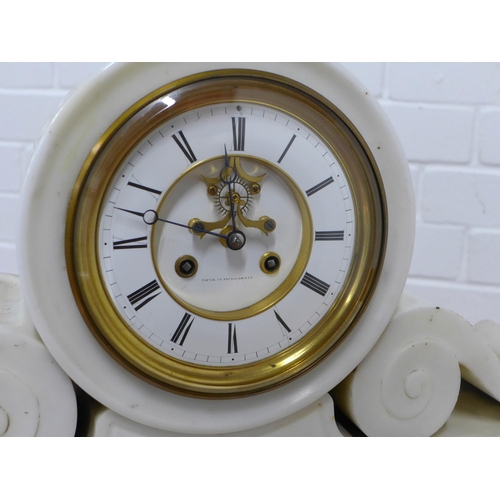 283 - McKay Cunningham & Co., Edinburgh, drumhead white hardstone mantle clock, with brocot type escapemen... 