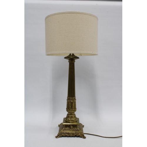 301 - Brass corinthian column table lamp base and shade, 69cm high.