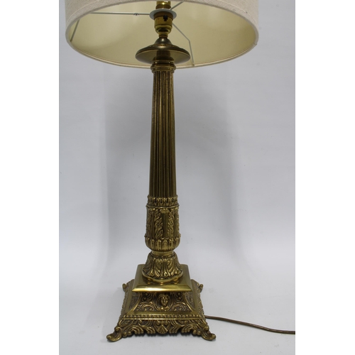 301 - Brass corinthian column table lamp base and shade, 69cm high.