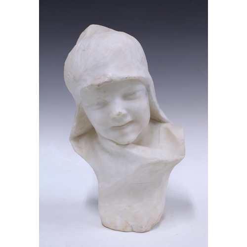 302 - Carved white stone bust of a young child in a shroud, 22 x 37cm.