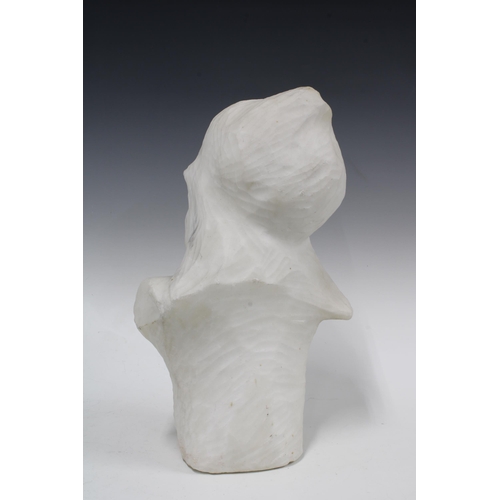 302 - Carved white stone bust of a young child in a shroud, 22 x 37cm.