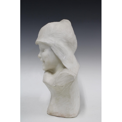 302 - Carved white stone bust of a young child in a shroud, 22 x 37cm.