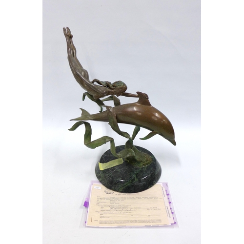 341 - Bronze figure of a woman swimming with a dolphin by Jerry Chase Joslin for Joslin Sculpture, 44 x 49... 