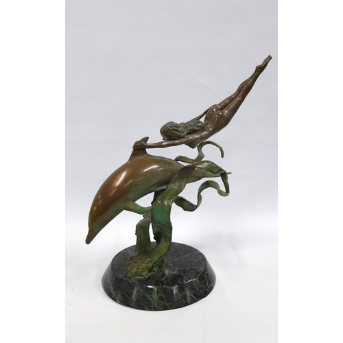 341 - Bronze figure of a woman swimming with a dolphin by Jerry Chase Joslin for Joslin Sculpture, 44 x 49... 