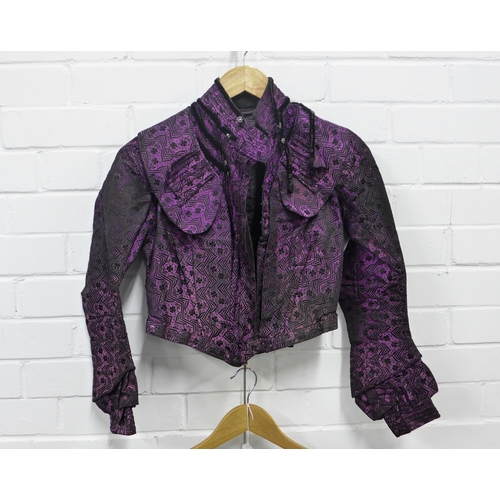 358 - Copland & Lye of Glasgow bodice jacket, purple with black stitched pattern, boned lining together wi... 