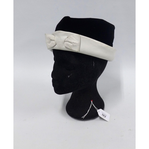 362 - CHRISTIAN DIOR, vintage hat in black velvet with white leather band and bow, labelled Christian Dior... 