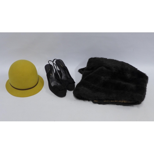 363 - Mink fur shoulder cape, vintage felt hat by Jacoll and a pair of L.K Bennett black suede shoes, size... 