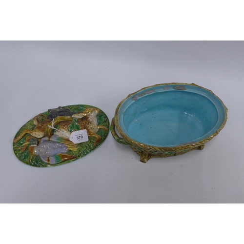 370 - Minton majolica game pie dish (restored) 32cm long