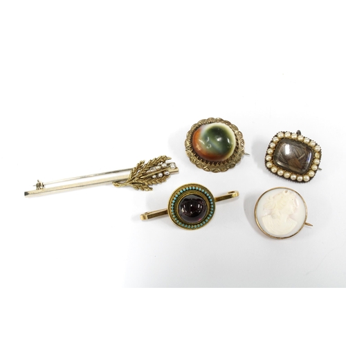 42 - Five various brooches to include a 9ct brooch with turquoise, seed pearl mourning brooch with hair l... 