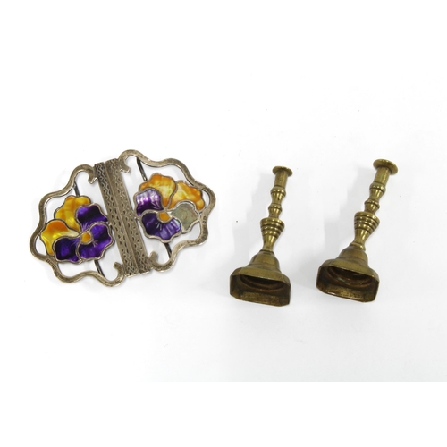 79 - Edwardian silver and enamel belt buckle, Birmingham 1909 (a/f) and a pair of miniature brass candles... 