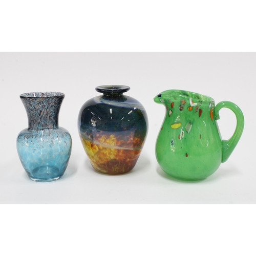 83 - Scottish art glass to include a Monart blue and aventurine vase and another together with a millefio... 