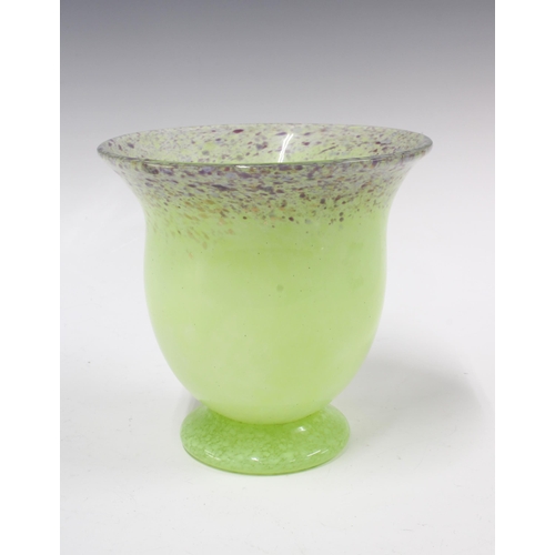 96 - Scottish art glass vase, possibly Monart, pale yellow with lilac mottled rim, 18 x 17cm.