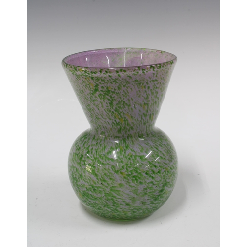 98 - Scottish art glass vase, possibly Monart of waisted form, lilac ground with green flecks, 13 x 19cm.