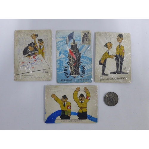 376 - Smits group of three anti-Third Reich World War post cards and a French postcard together with a coi... 