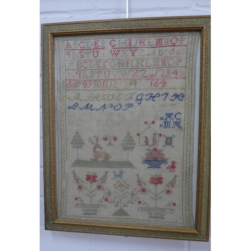 381 - Alphabet needlework sampler, framed under glass, 30 x 42cm