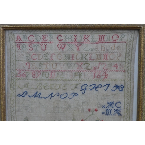 381 - Alphabet needlework sampler, framed under glass, 30 x 42cm