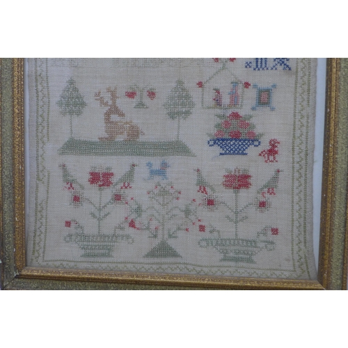 381 - Alphabet needlework sampler, framed under glass, 30 x 42cm