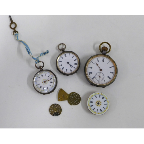 100 - Two silver cased fob watches, a pocket watch and a fob watch movement