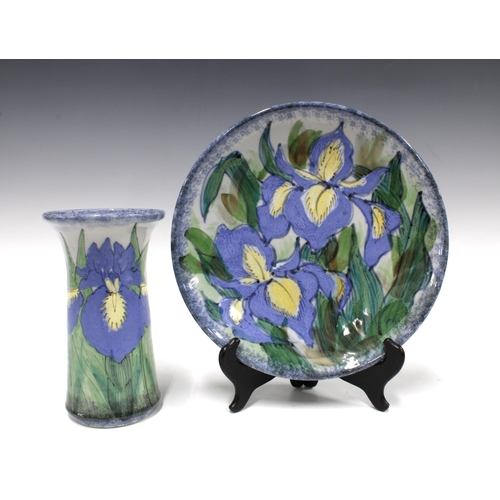 112 - Highland Stoneware plate and vase, handpainted with irises (2)26cm.