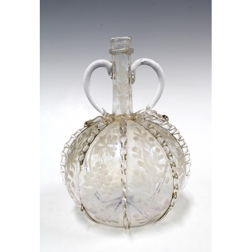 114 - 18th century Dutch glass carafe with fruit and vine pattern, (lacking stopper) lop handles and glass... 