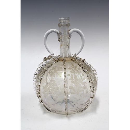 114 - 18th century Dutch glass carafe with fruit and vine pattern, (lacking stopper) lop handles and glass... 