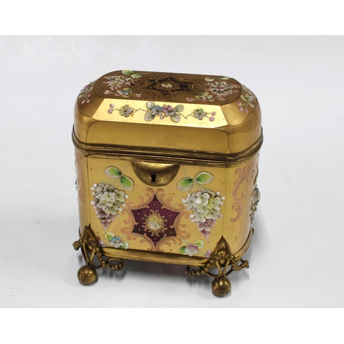 116 - Bohemian red glass casket with gilded and floral encrusted pattern with gilt metal mounts, 13 x 14cm... 