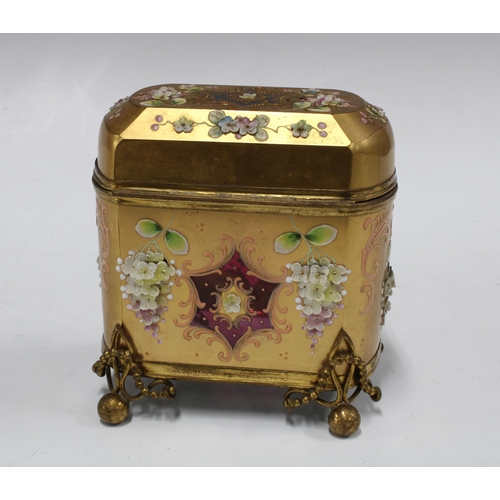 116 - Bohemian red glass casket with gilded and floral encrusted pattern with gilt metal mounts, 13 x 14cm... 