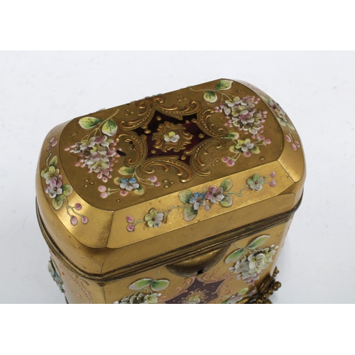 116 - Bohemian red glass casket with gilded and floral encrusted pattern with gilt metal mounts, 13 x 14cm... 