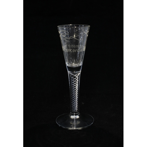 117 - 19th century 'concordia harmonia' engraved wine glass with spiral air twist stem and spreading circu... 